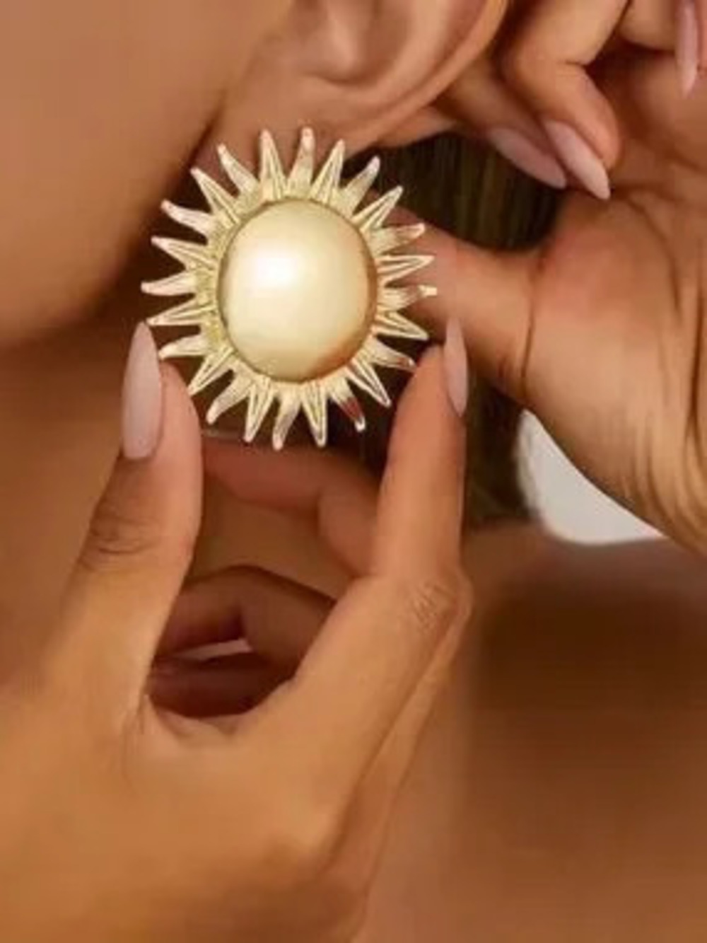 Gold Sunburst Pearl-Style Clip Earrings